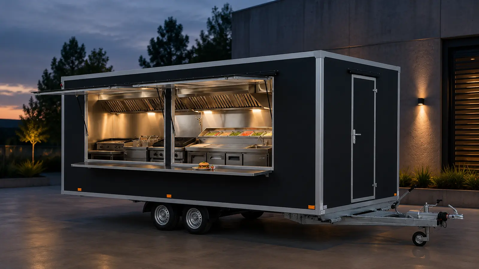 Professional food trailer with an example configuration, for comparing prices and models
