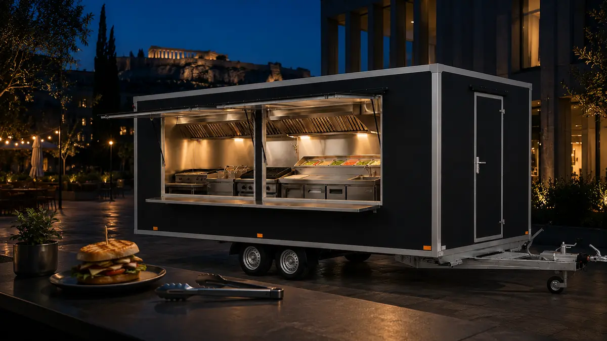Anthracite professional street food trailer with an example stainless steel kitchen