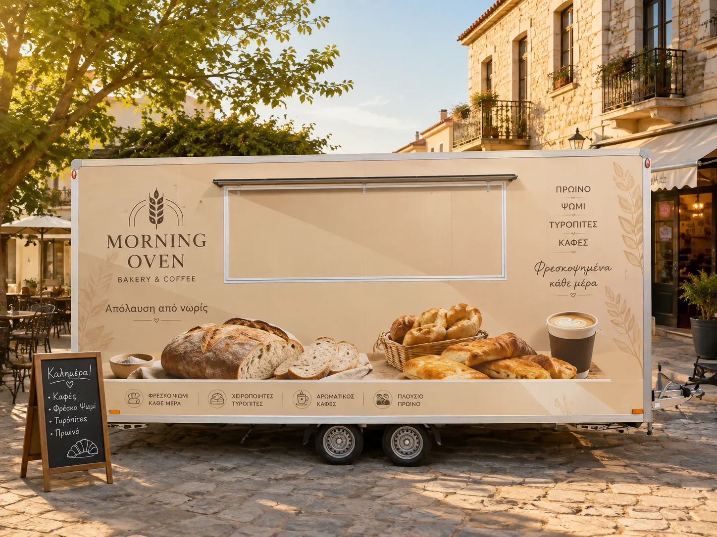 Sample food trailer wrap design for a bakery and coffee shop