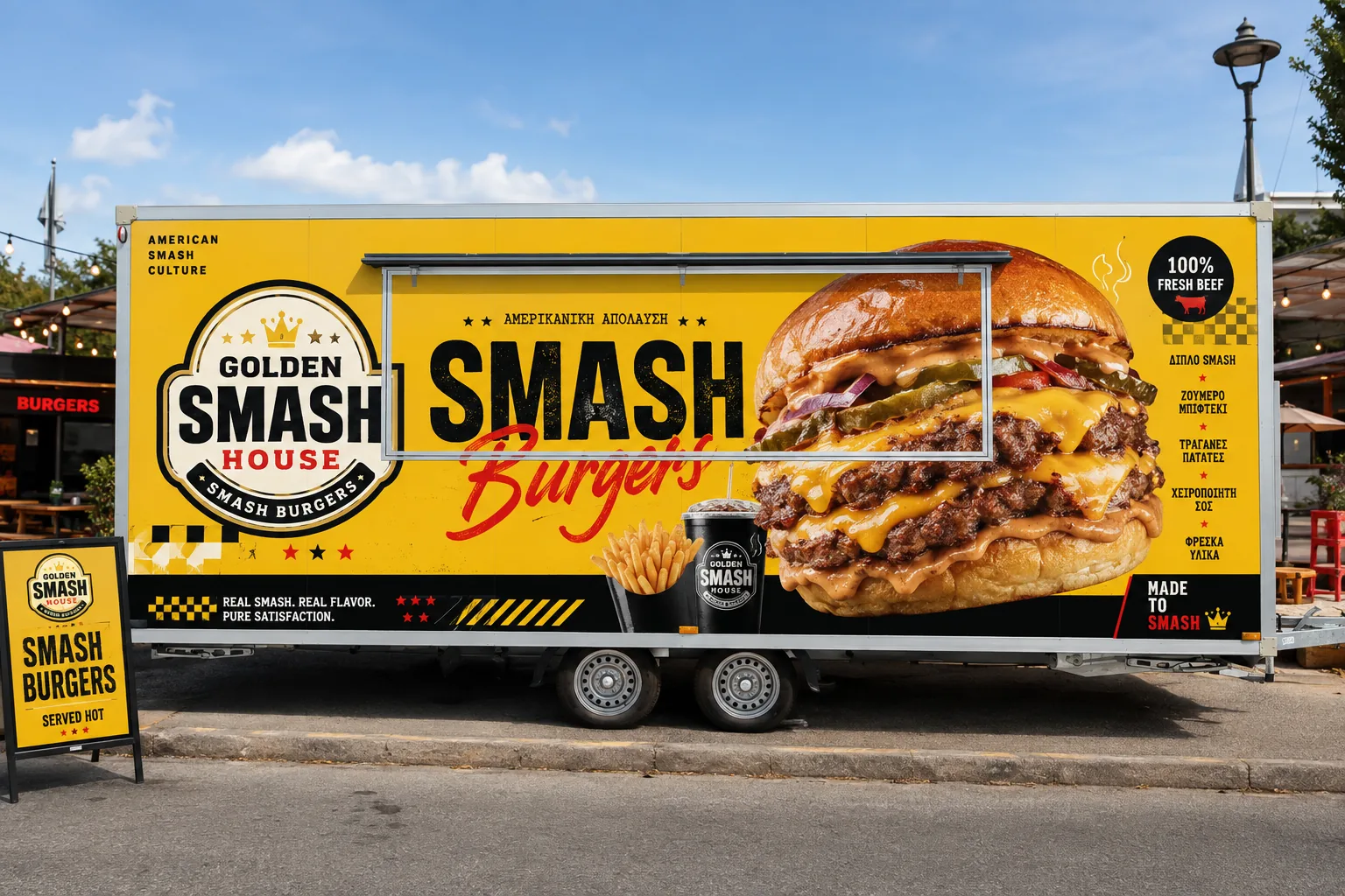 Sample food trailer wrap design for burgers, yellow theme