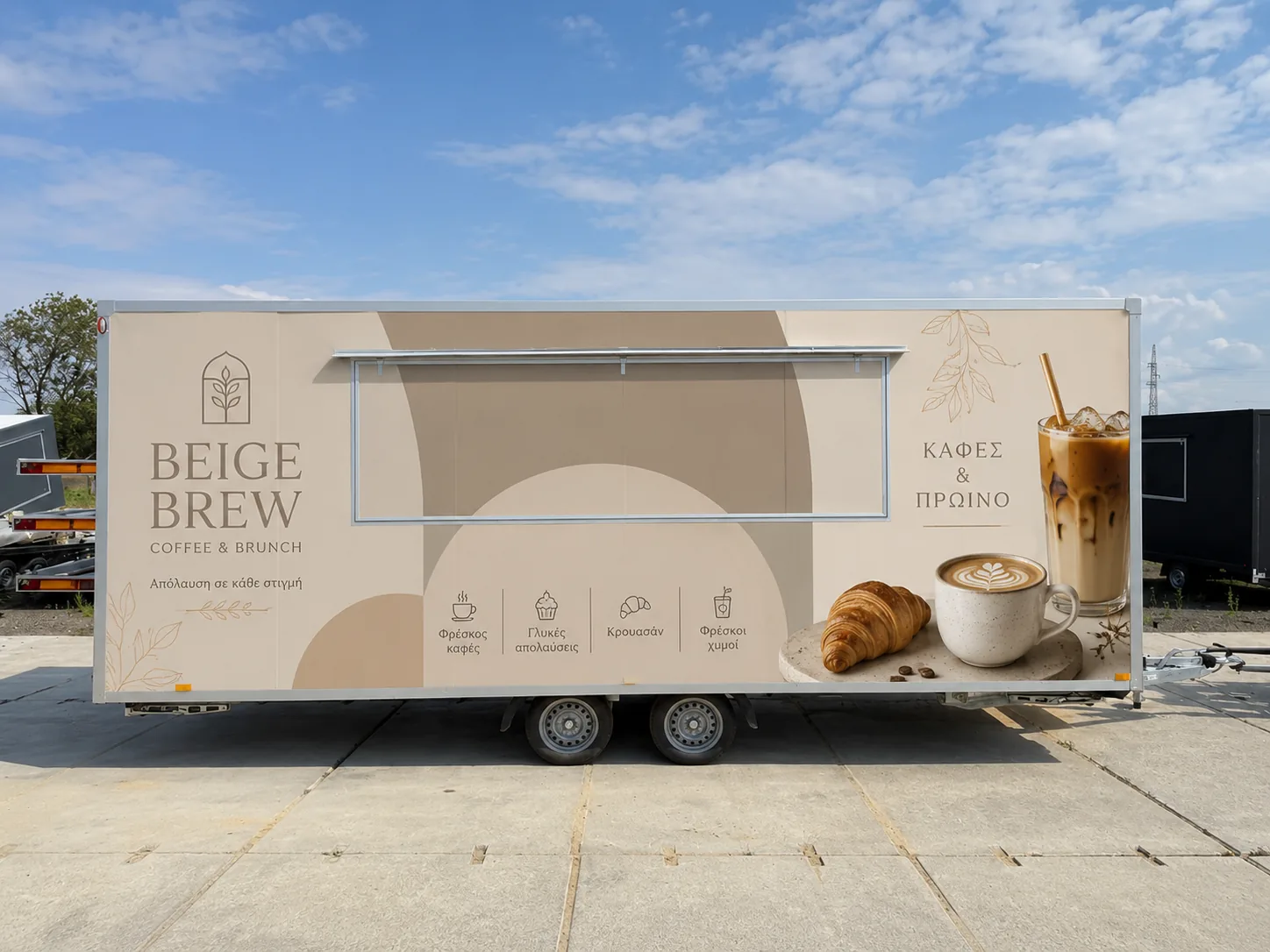 Sample food trailer wrap design for coffee and breakfast, beige theme