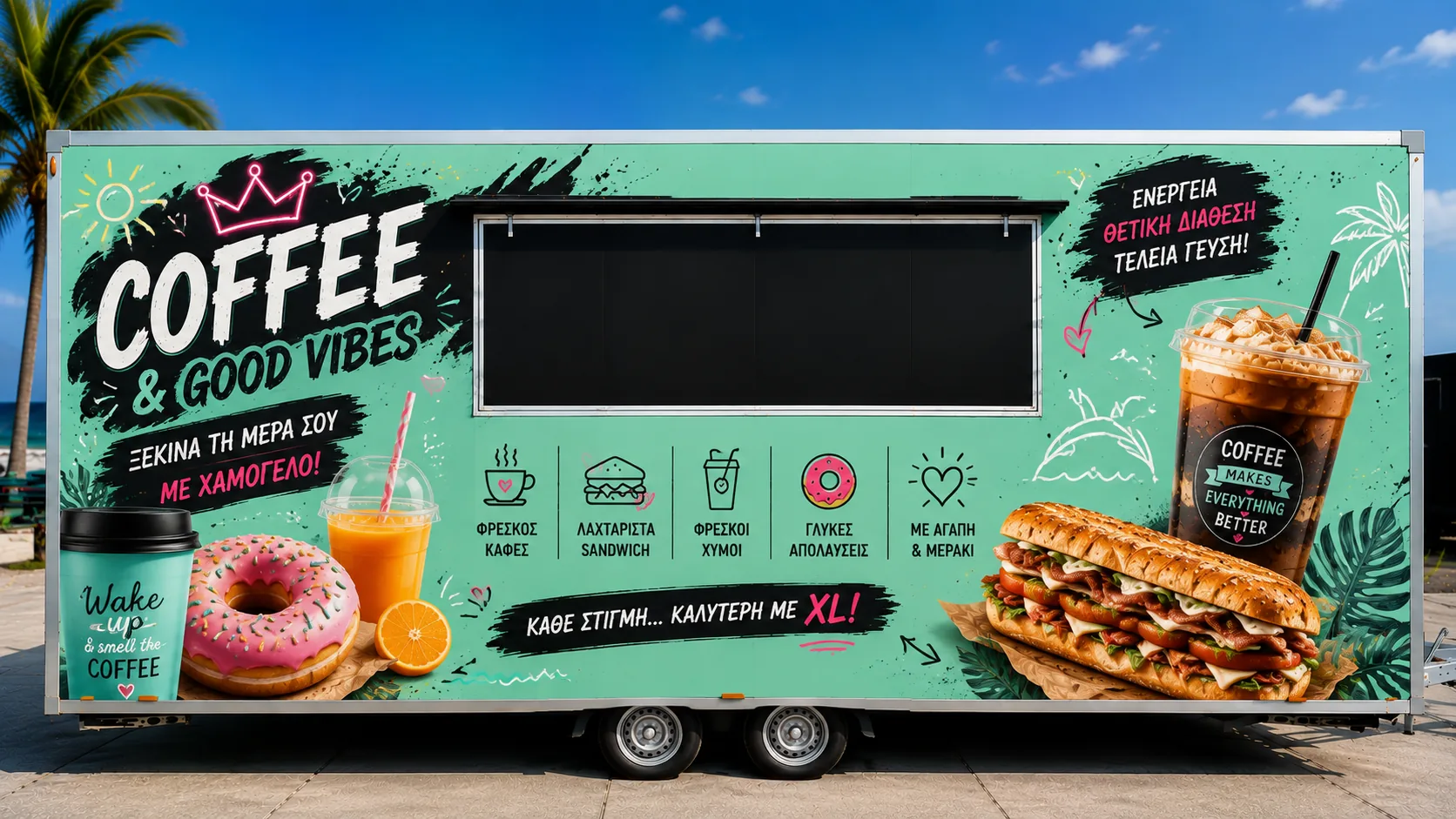 Sample food trailer wrap design for coffee and sandwiches, Coffee & Good Vibes theme