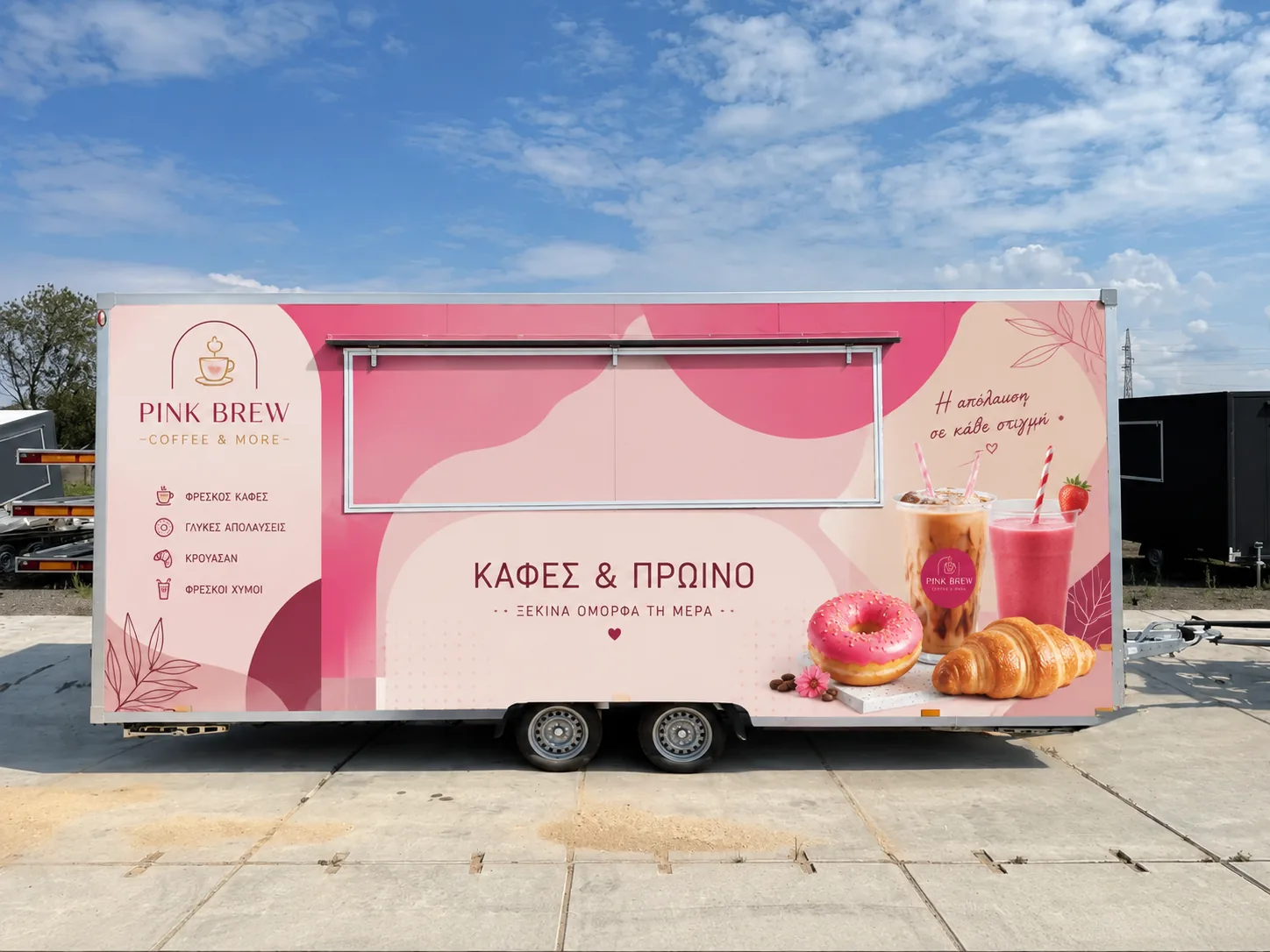 Sample food trailer wrap design for coffee and breakfast, pink theme
