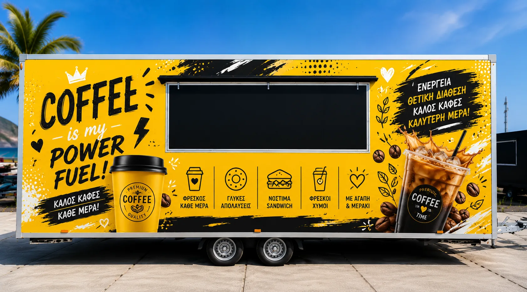 Sample food trailer wrap design for coffee, yellow theme