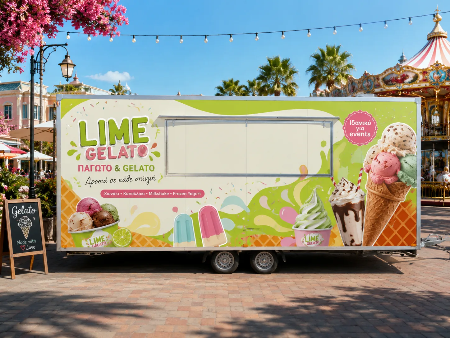 Sample food trailer wrap design for ice cream, green theme