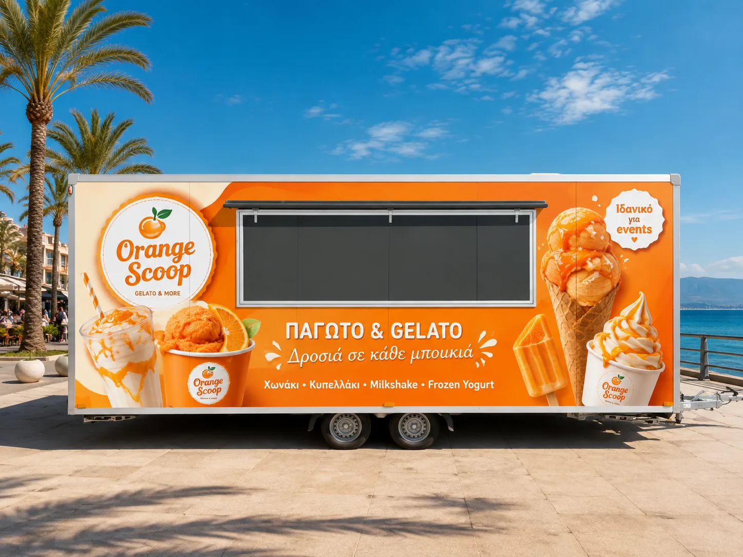 Sample food trailer wrap design for ice cream, orange theme