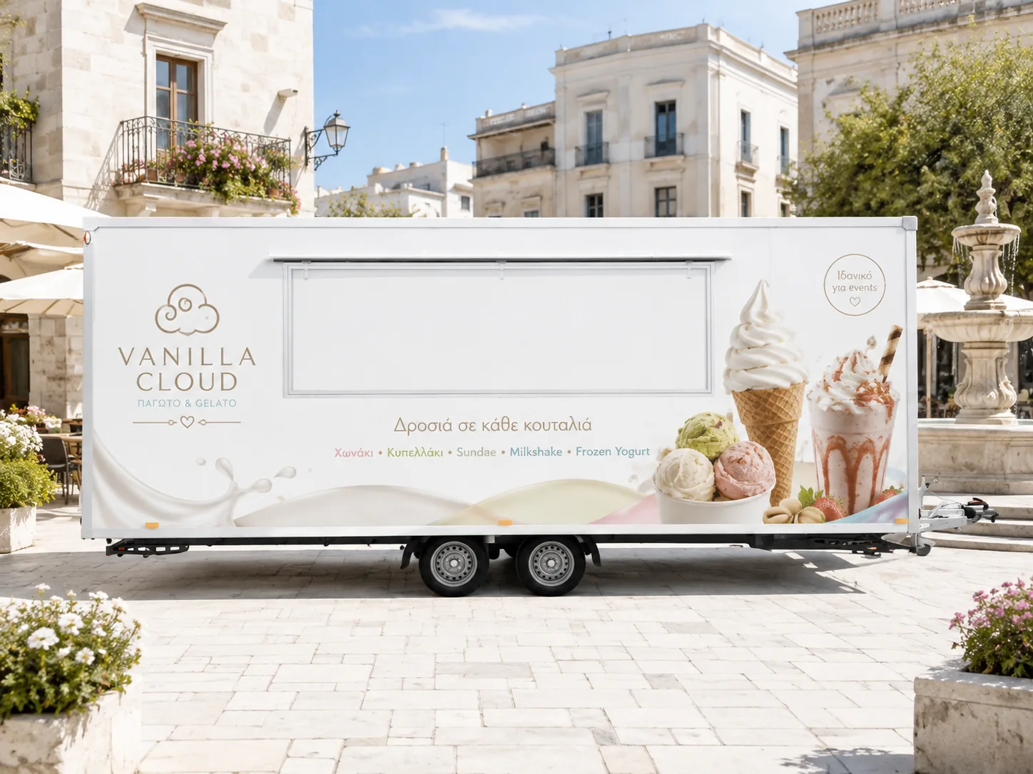 Sample food trailer wrap design for ice cream, white theme